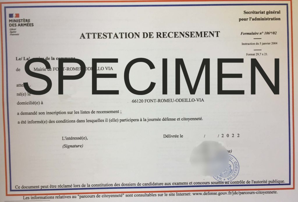 attestation recensement